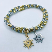 Load image into Gallery viewer, Sunshine from Darkness faceted crystal or hematite bead stretch bracelet with 'Modern Sun' charm