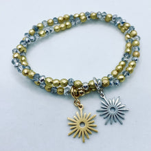 Load image into Gallery viewer, Sunshine from Darkness faceted crystal or hematite bead stretch bracelet with 'Modern Sun' charm