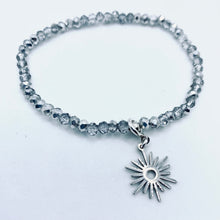 Load image into Gallery viewer, Sunshine from Darkness faceted crystal or hematite bead stretch bracelet with 'Modern Sun' charm