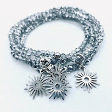 Load image into Gallery viewer, Sunshine from Darkness faceted crystal or hematite bead stretch bracelet with 'Modern Sun' charm
