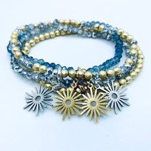 Load image into Gallery viewer, Sunshine from Darkness faceted crystal or hematite bead stretch bracelet with 'Modern Sun' charm