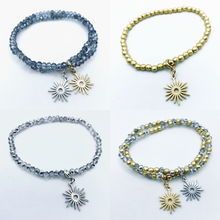 Load image into Gallery viewer, Sunshine from Darkness faceted crystal or hematite bead stretch bracelet with 'Modern Sun' charm