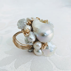 Cultured Baroque pearl hand wrapped 14k gold fill wire ring