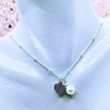 Load image into Gallery viewer, Satellite chain (14k gold fill or Sterling silver) with dainty pearl & CZ heart charms