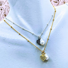 Load image into Gallery viewer, Satellite chain (14k gold fill or Sterling silver) with dainty pearl & CZ heart charms