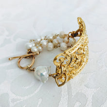Load image into Gallery viewer, Ornate plate and pearl bracelet