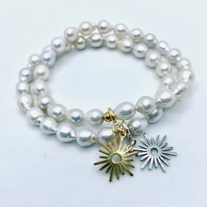 Sunshine from Darkness Pearl stretch bracelet with 'Modern Sun' charm