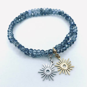 Sunshine from Darkness faceted crystal or hematite bead stretch bracelet with 'Modern Sun' charm