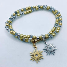 Load image into Gallery viewer, Sunshine from Darkness faceted crystal or hematite bead stretch bracelet with &#39;Modern Sun&#39; charm
