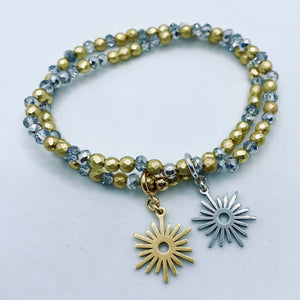 Sunshine from Darkness faceted crystal or hematite bead stretch bracelet with 'Modern Sun' charm