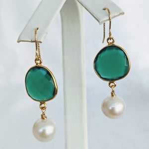 Faceted Green Onyx and Pearl earrings