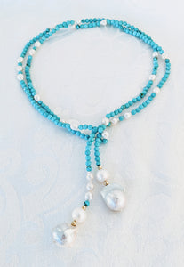 Turquoise and pearl lariat necklace