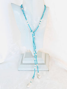 Turquoise and pearl lariat necklace