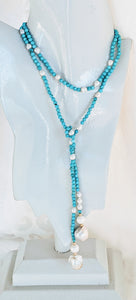Turquoise and pearl lariat necklace