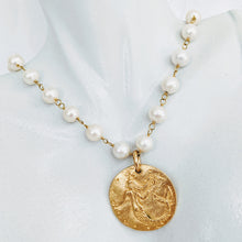 Load image into Gallery viewer, Pearl chain necklace with gold plate pewter mermaid pendant
