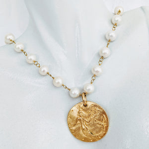 Pearl chain necklace with gold plate pewter mermaid pendant