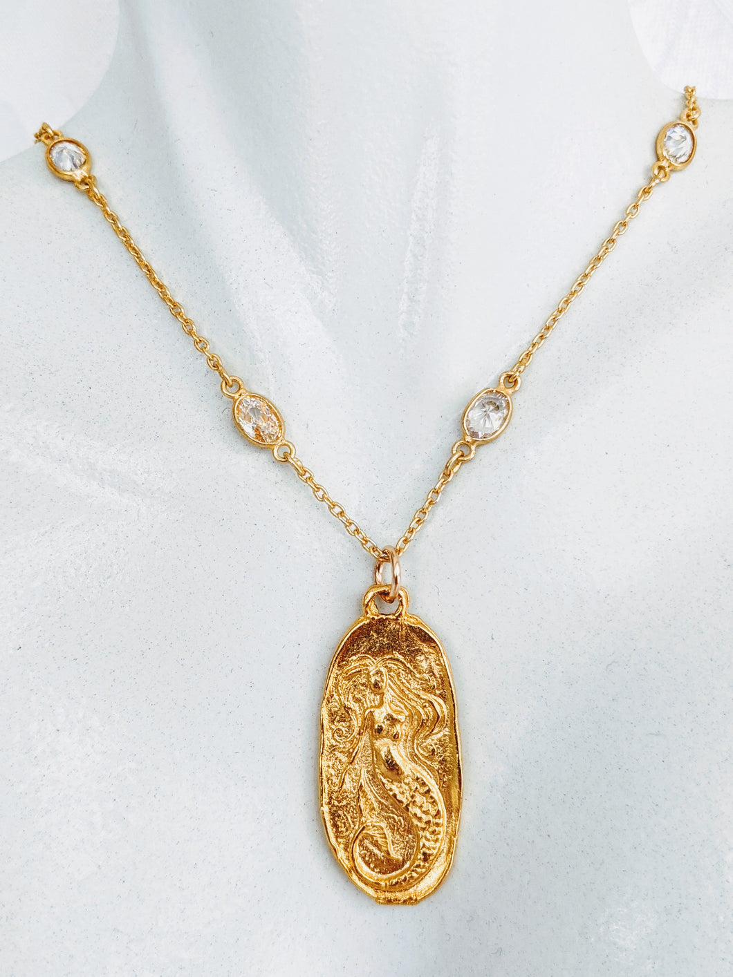 Gold Vermeil and cubic zirconia chain necklace with oval gold plate mermaid charm