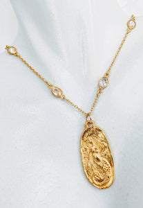 Gold Vermeil and cubic zirconia chain necklace with oval gold plate mermaid charm