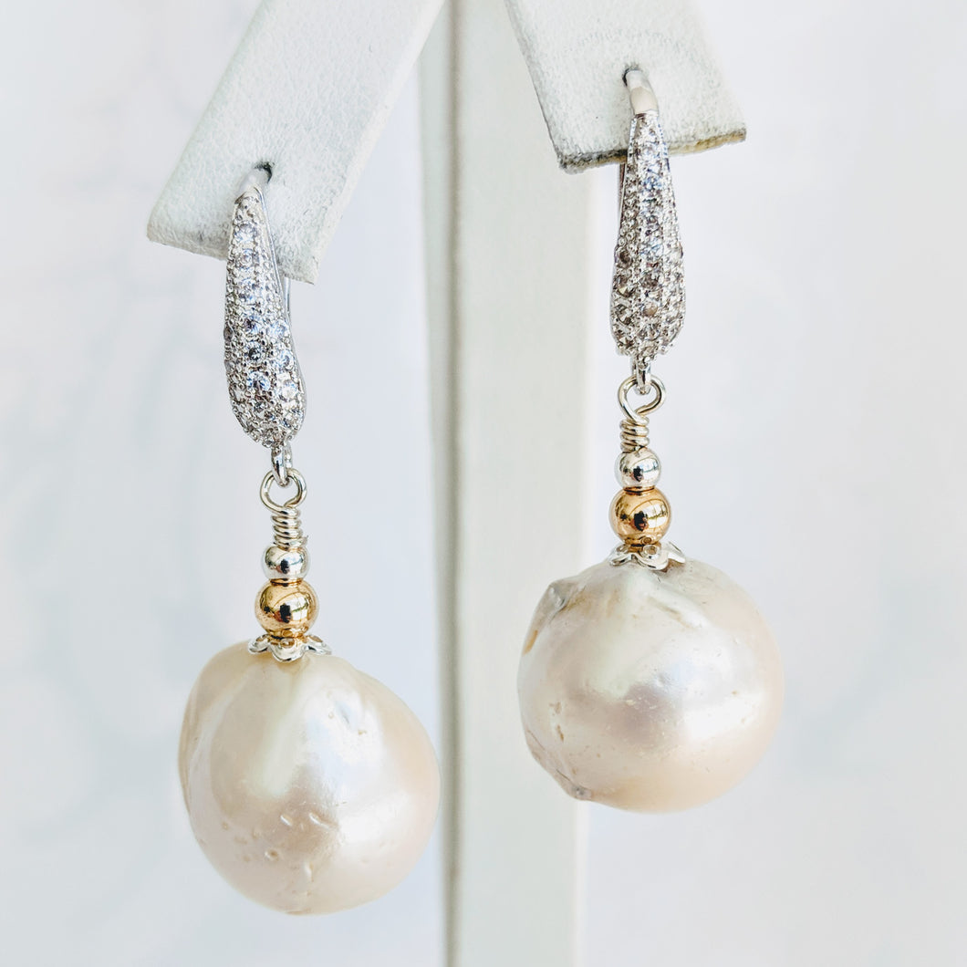 Baroque freshwater pearl earrings w/silver cubic zirconia earwire