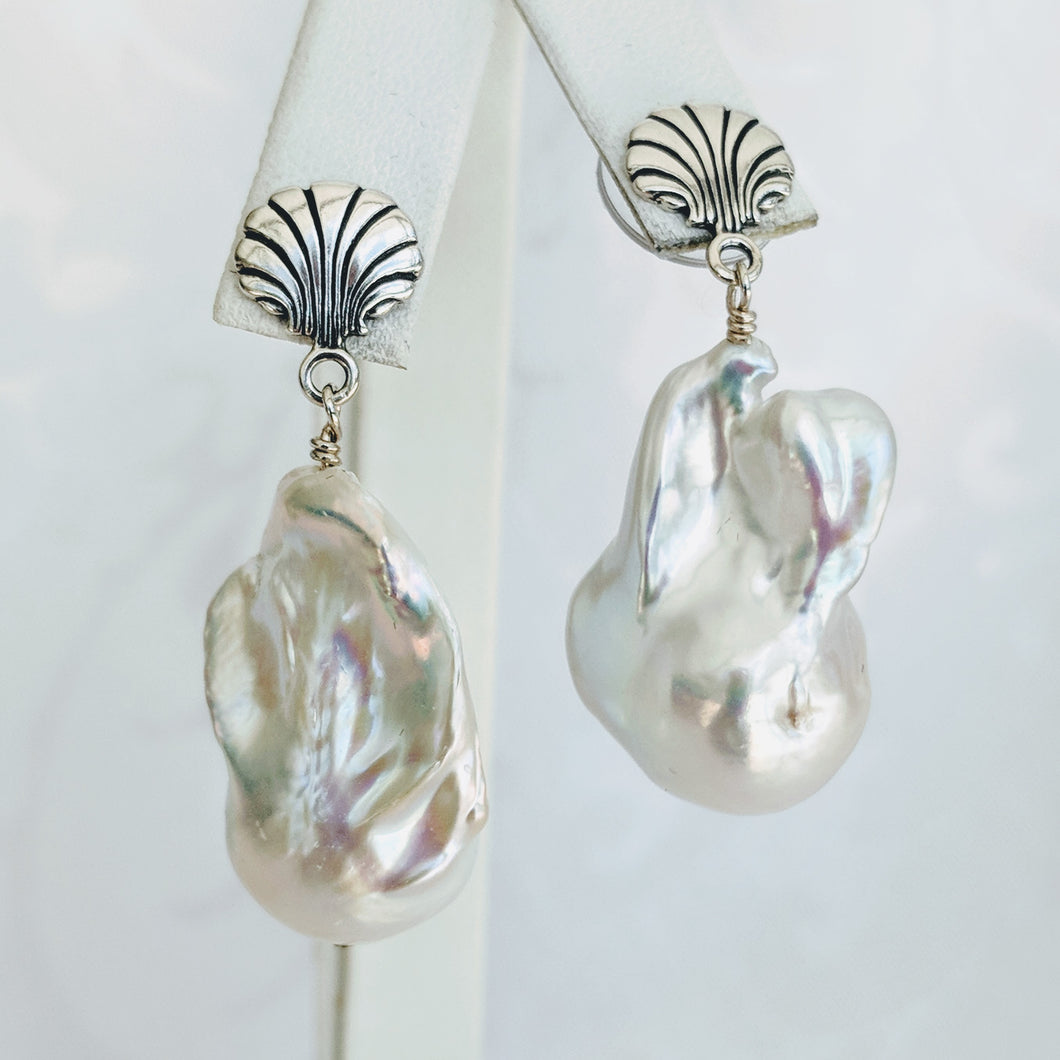 Baroque freshwater pearl earrings w/Sterling seashell