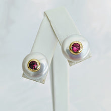 Load image into Gallery viewer, Coin pearl post earrings with inset cubic zirconia
