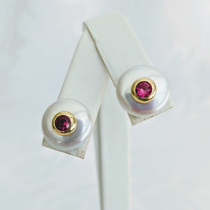 Coin pearl post earrings with inset cubic zirconia