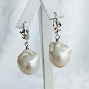 Baroque freshwater pearl earrings w/silver fleur de lis