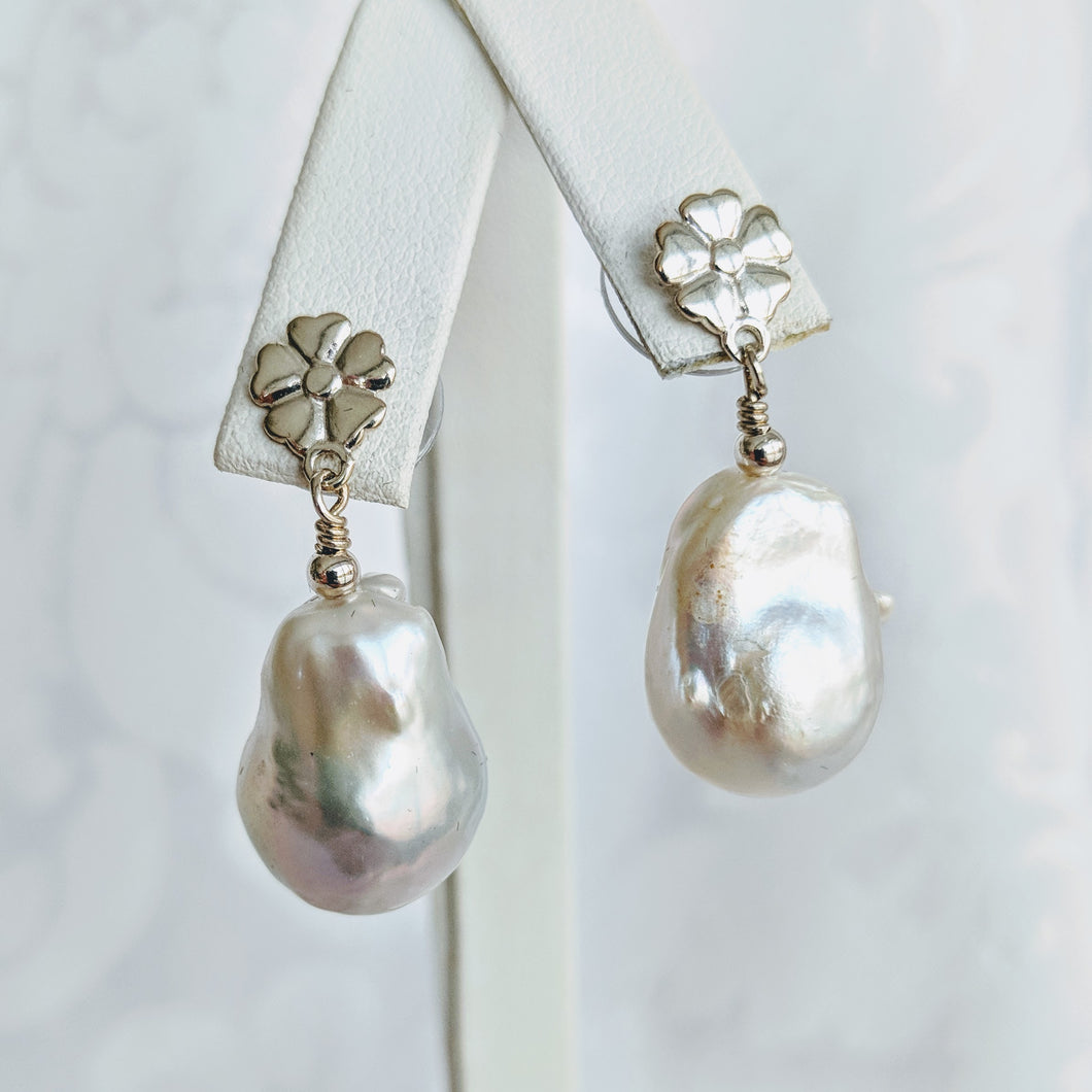 Baroque freshwater pearl earrings with silver floral posts