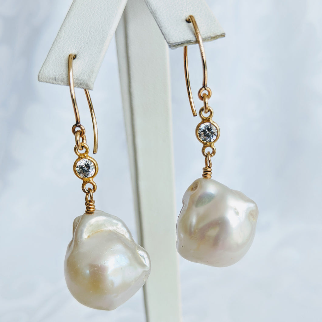 Baroque freshwater pearl, gold and cubic zirconia earrings