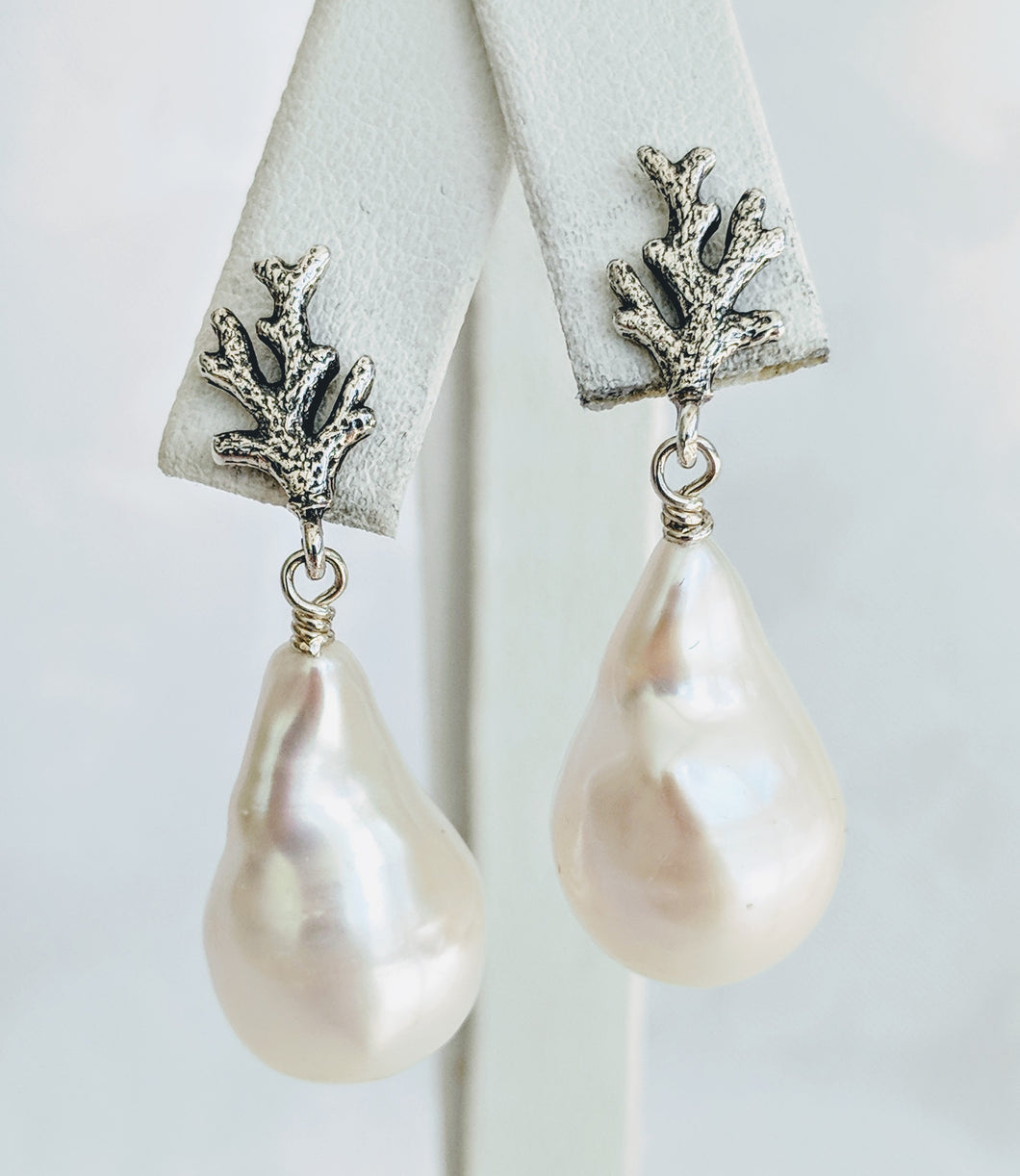 Baroque freshwater pearl earrings with Sterling silver coral branch detail