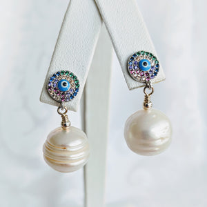 Ringed Baroque pearl with cubic zirconia evil eye post