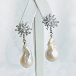 Baroque freshwater pearl earrings with silver/cubic zirconia starburst