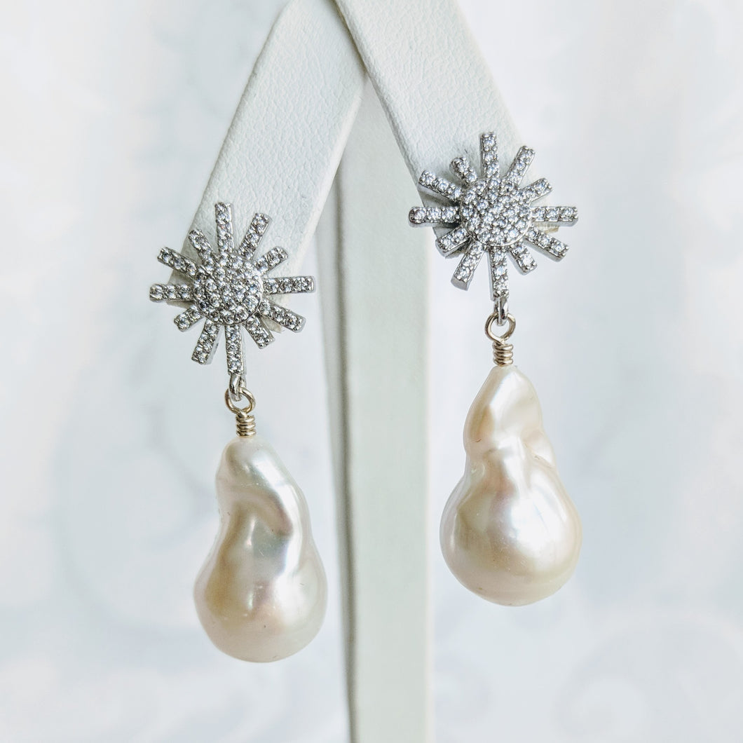 Baroque freshwater pearl earrings with silver/cubic zirconia starburst