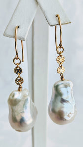 Baroque freshwater pearl earrings w/14k gold fill disk chain