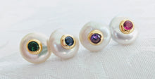 Load image into Gallery viewer, Coin pearl post earrings with inset cubic zirconia
