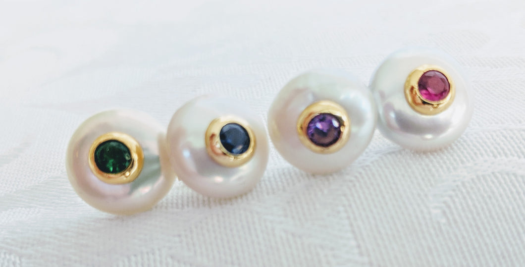 Coin pearl post earrings with inset cubic zirconia