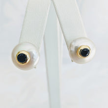 Load image into Gallery viewer, Coin pearl post earrings with inset cubic zirconia
