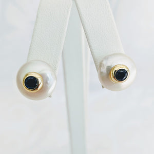 Coin pearl post earrings with inset cubic zirconia