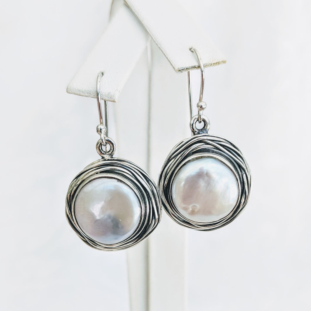 Sterling silver bird nest pearl earrings