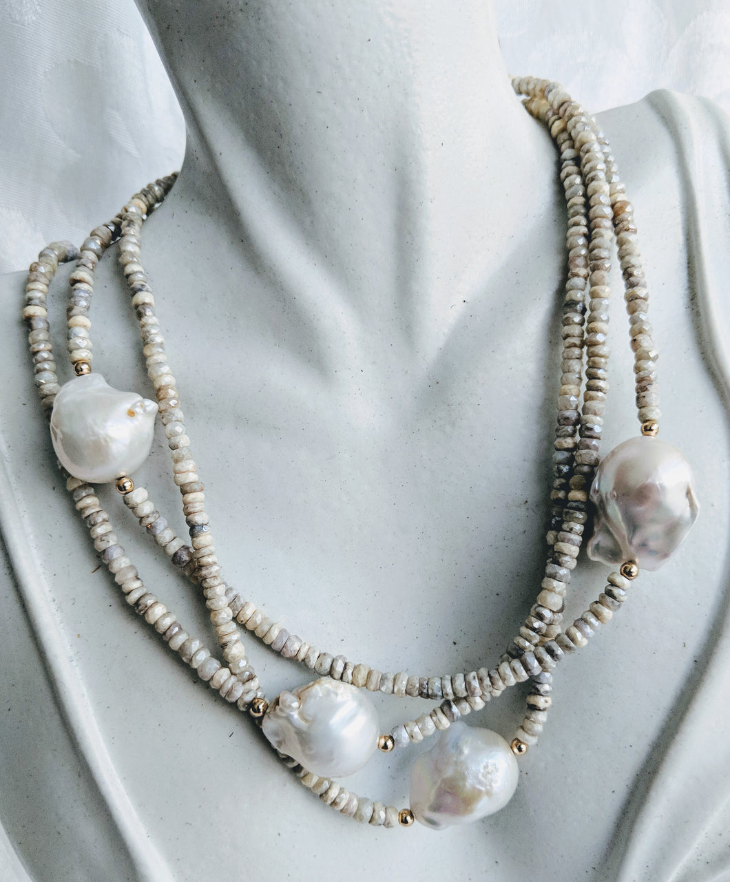 Extra long Silverite necklace with small and large Baroque pearls
