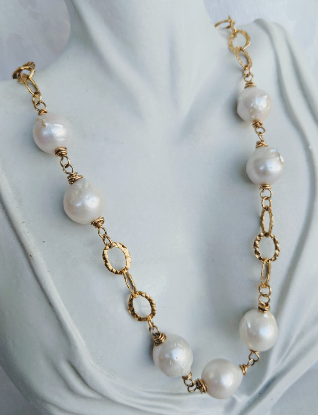 Hammered gold link and pearl necklace