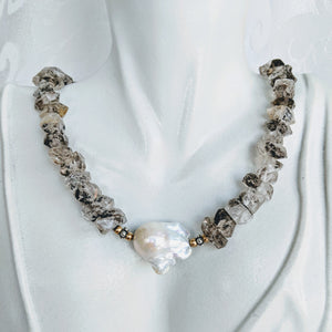 Herkimer diamond quartz necklace with large Baroque pearl