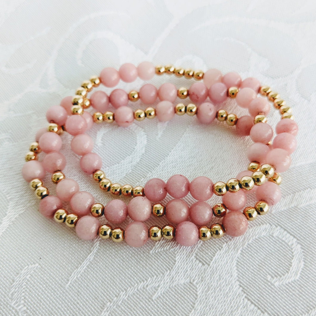 Pink jade and gold bracelet set