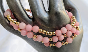 Pink jade and gold bracelet set