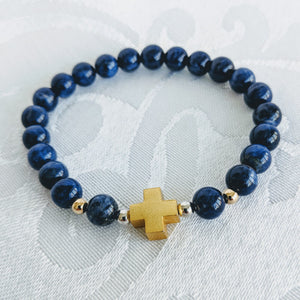 Blue sodalite bracelet w/gold vermeil cross