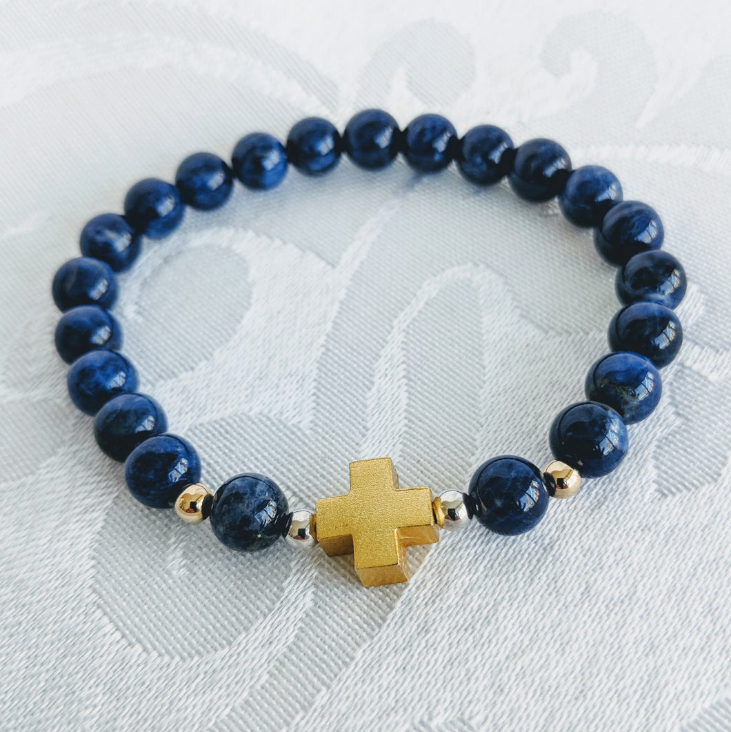 Blue sodalite bracelet w/gold vermeil cross