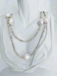 Extra long Silverite necklace with small and large Baroque pearls