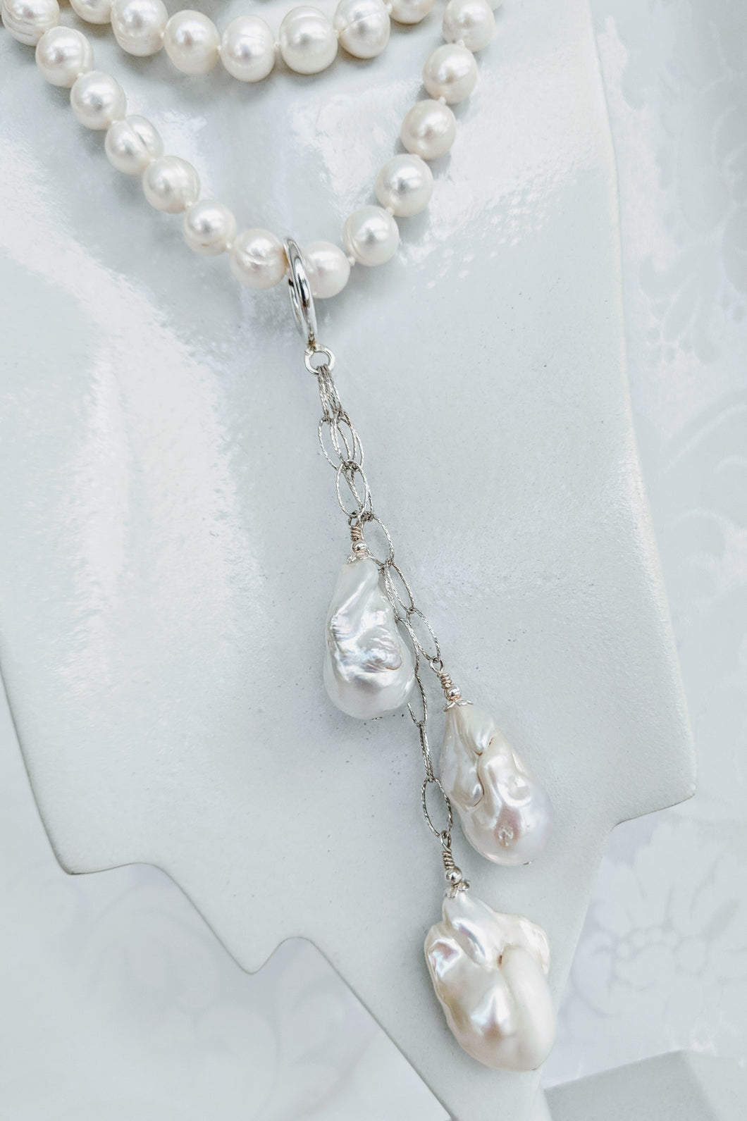 Extra large & long Baroque pearl enhancer on Sterling silver chain