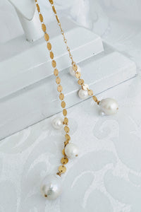 Gold plate circle link chain with pearl open lariat