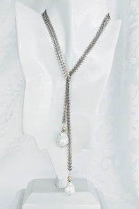 Oxidized silver tone chain with Baroque pearls lariat